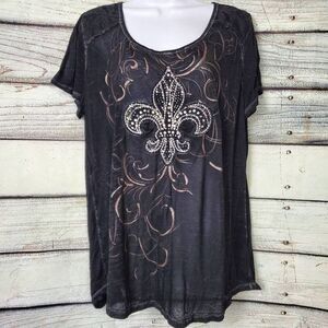 Maurices Women’s XL Black Lace Fleur-de-Lis Graphic Tee Rhinestone Studded Top